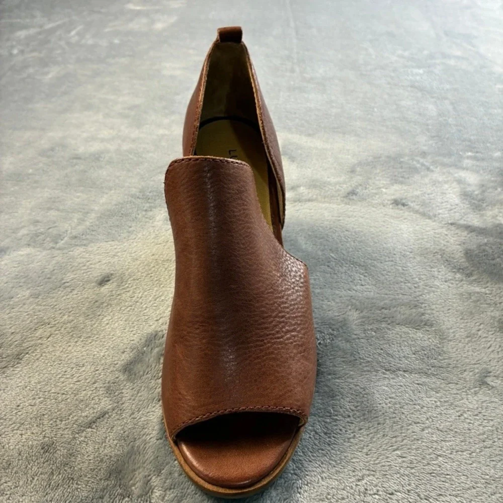 Lucky Brand Junai Brown Leather Peep Toe Cutout 3" Block Heel Booties Size 7M - Picture 13 of 16